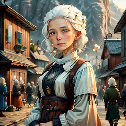 a woman in a dress standing in front of a village with people walking around her and a man in a suit
