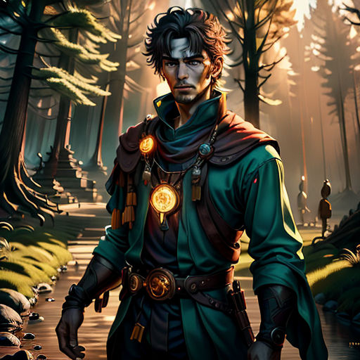 a man in a green outfit is walking through a forest with a glowing light on his face and a glowing light on his head