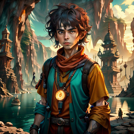 a man in a fantasy landscape with a glowing light in his hand and a mountain in the background, with a lake and a boat in the foreground
