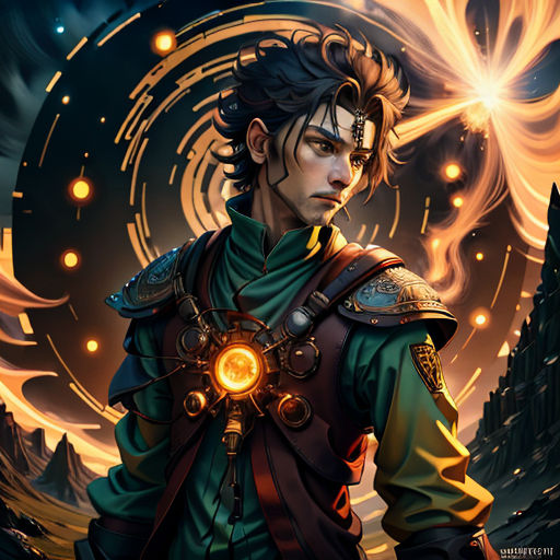 a man in a green shirt and a gold ring in his hand and a black background with a swirl of light