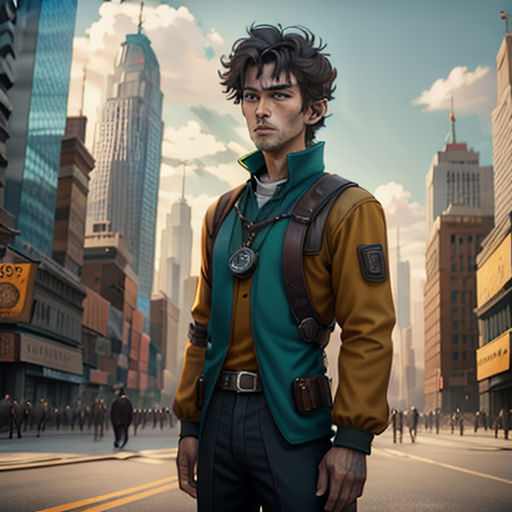 a man standing in the middle of a city street with a backpack on his shoulder and a backpack on his shoulder