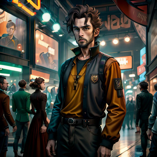 a man standing in a crowded city street next to a neon sign that reads, the game is about to start