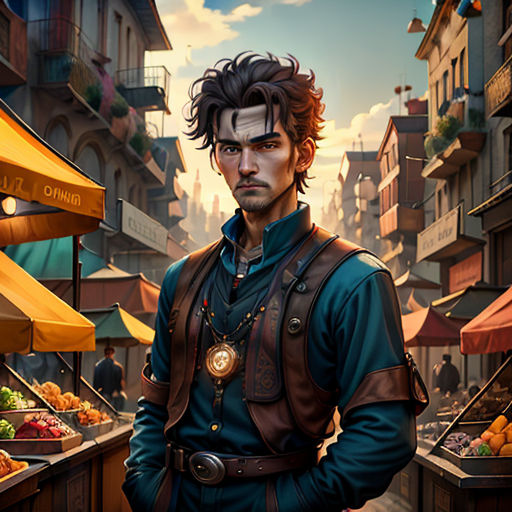 a man standing in front of a street with a lot of food on it and a building in the background