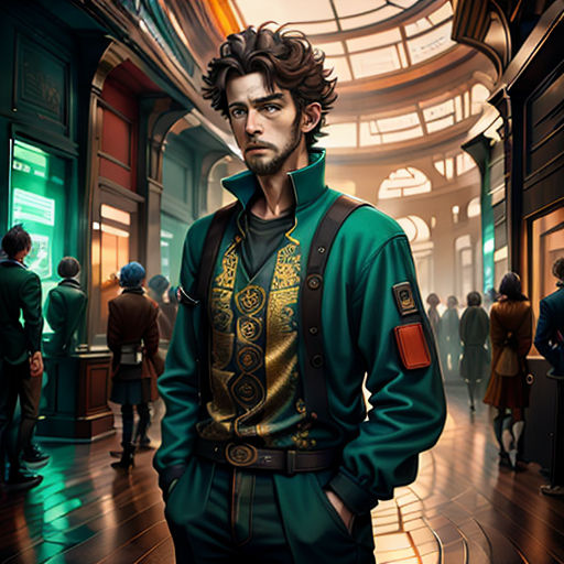 a man in a green jacket standing in a hallway with other people in the background and a clock on the wall