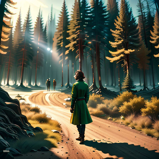 a painting of a person in a green coat walking down a road in the woods with a flashlight shining on the trees