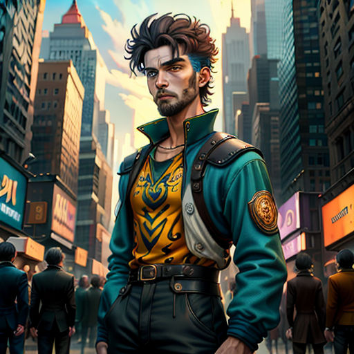 a man in a green jacket standing in front of a city street with a lot of people in the background