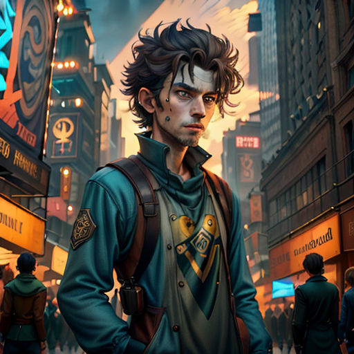 a man standing in the middle of a city street with a backpack on his back and a clock on his arm