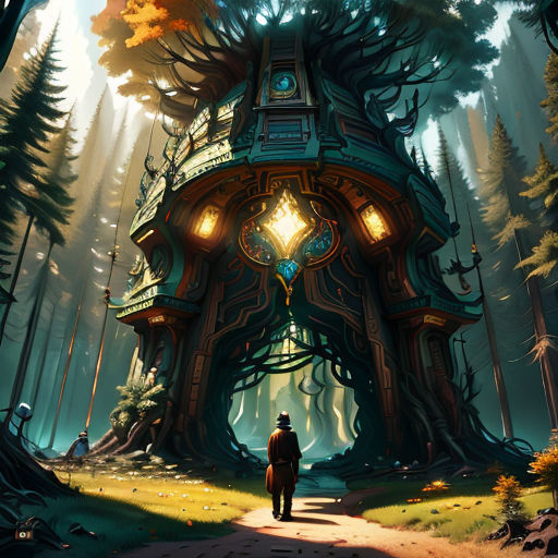 a man standing in front of a giant structure in the woods with a light on it's face