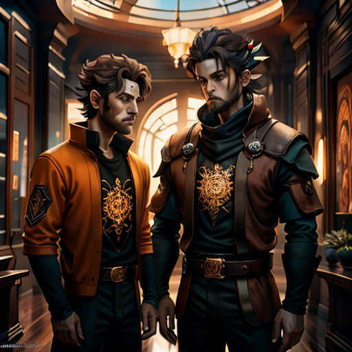 two men standing next to each other in a hallway with a skylight above them and a clock on the wall