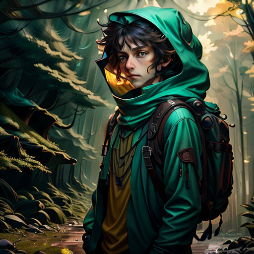 a painting of a person in a green hoodie in a forest with a trail in the background and a forest path in the foreground