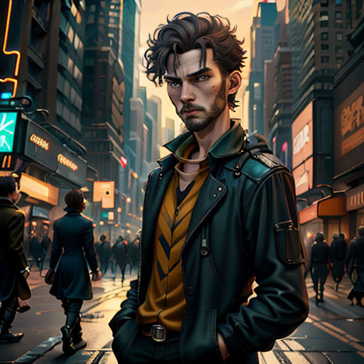 a man standing on a city street in a leather jacket and a yellow shirt with a black tie and a black jacket