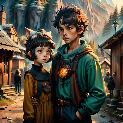a painting of a boy and a girl standing in front of a mountain village with a cat on his shoulder