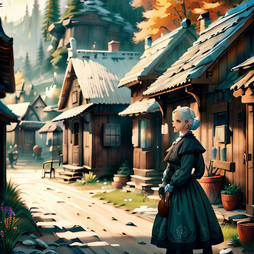 a woman standing in front of a village with a bird flying over her head and a bird flying over her head