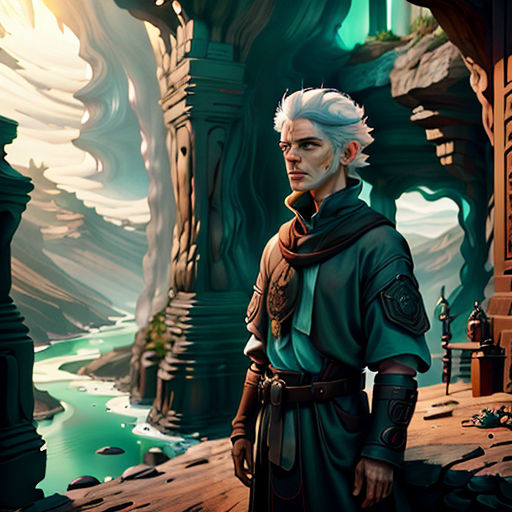 a man standing in a cave with a sword in his hand and a river in the background in a fantasy setting