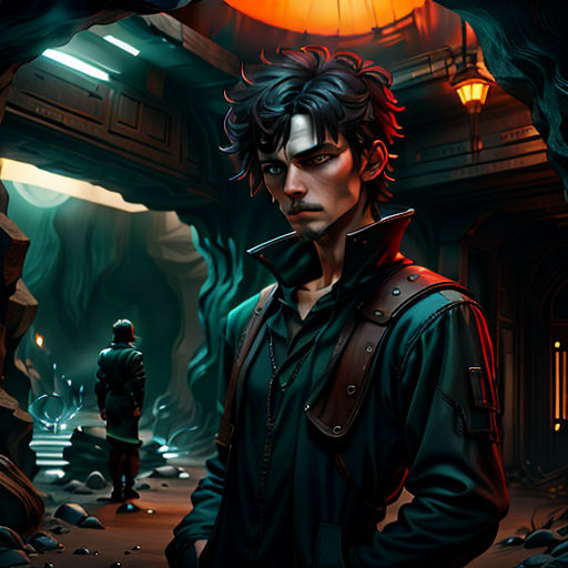 a man standing in a cave with a lantern on his head and a flashlight in his mouth, in front of a cave