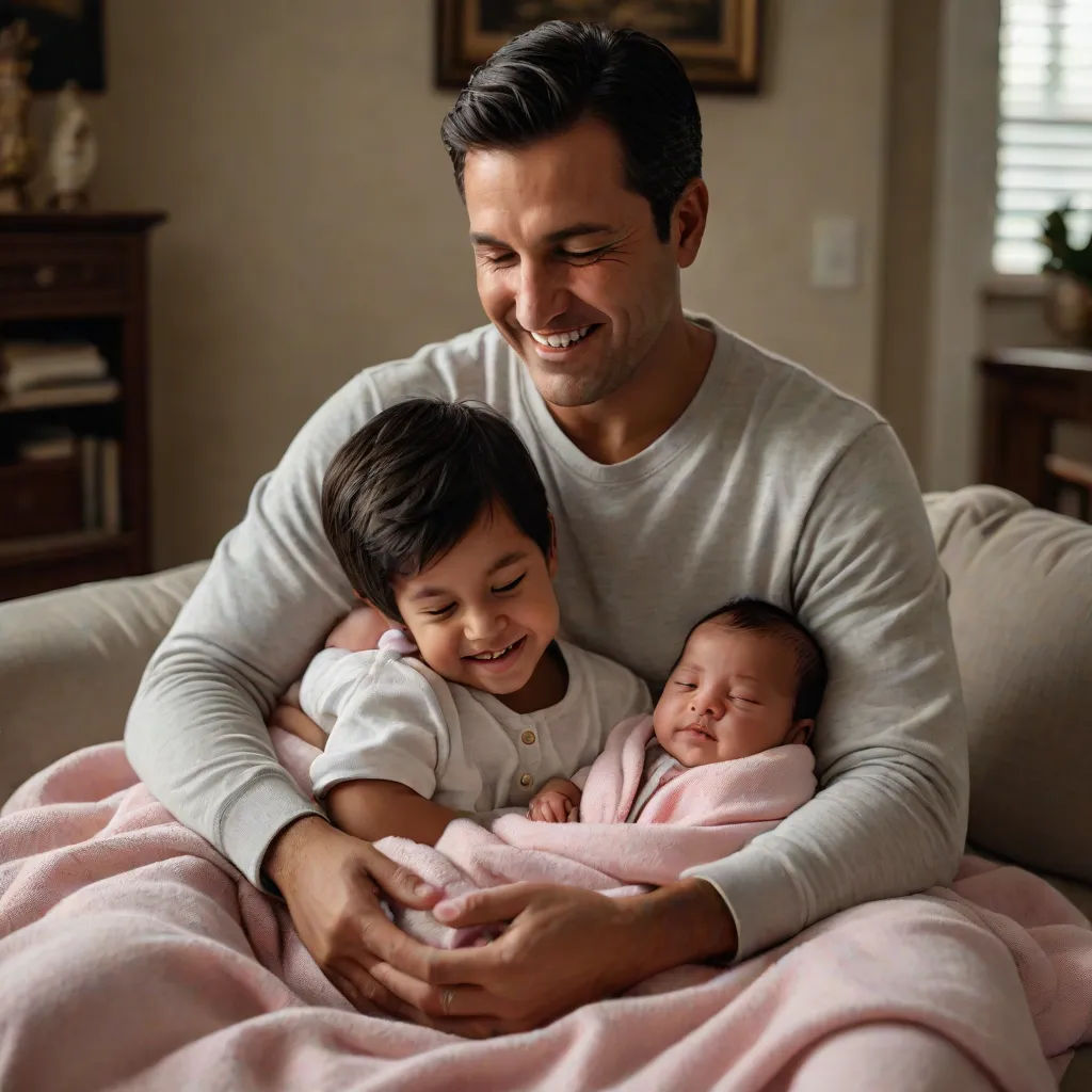 a man holding two small children on a couch with a pink blanket on it's back and smiling, promotional image, dada, a storybook illustration, Anthony Devas