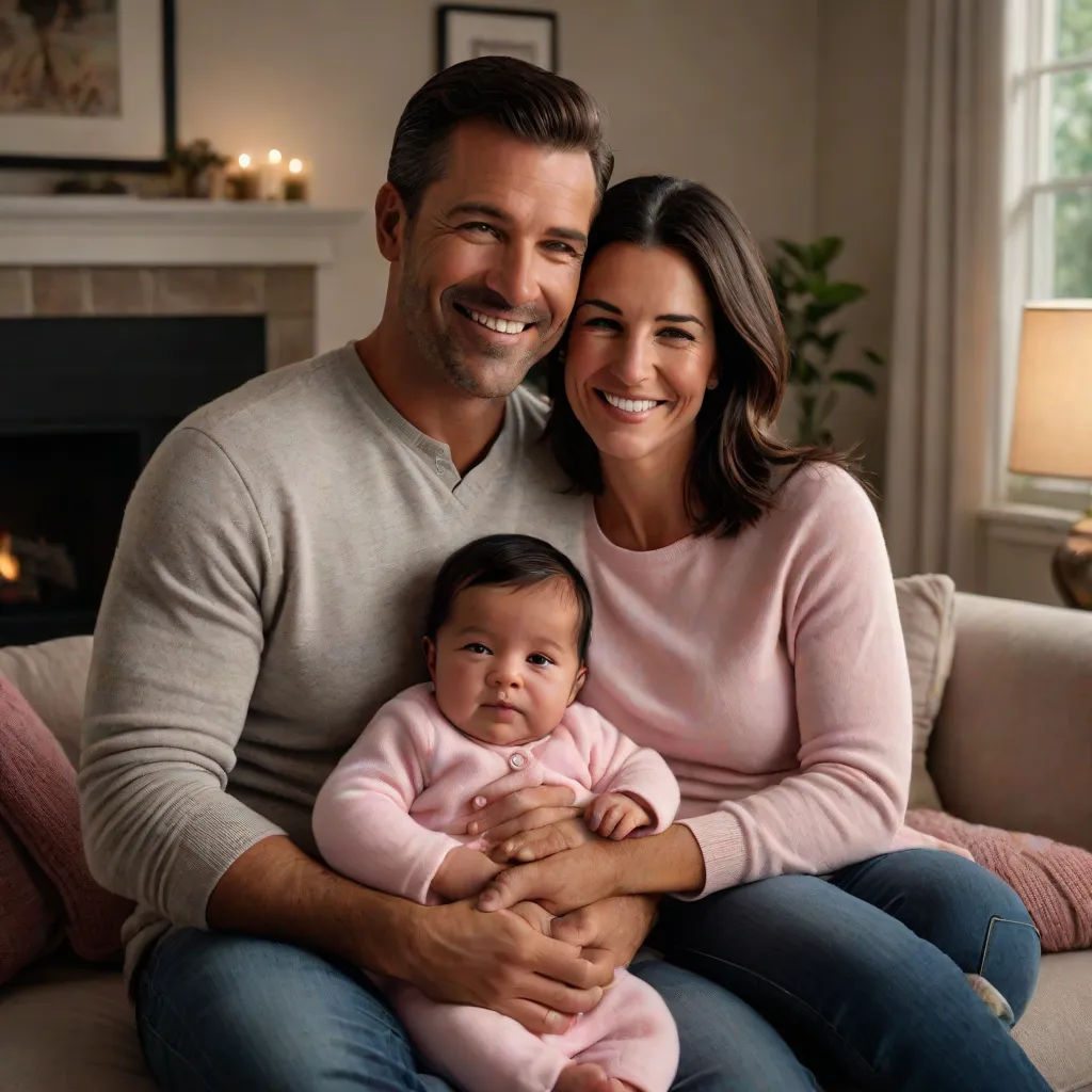a man and woman sitting on a couch with a baby in their lap and a fireplace in the background, promotional image, private press, a stock photo, Drew Tucker