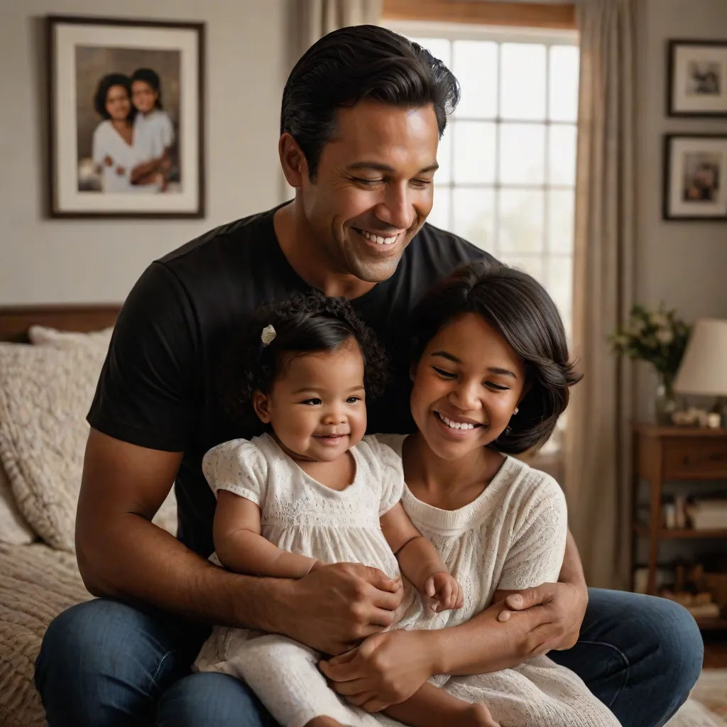 a man and a woman sitting on a bed with a baby girl in their arms and smiling at the camera, portrait photography, incoherents, a stock photo, Derek Hill