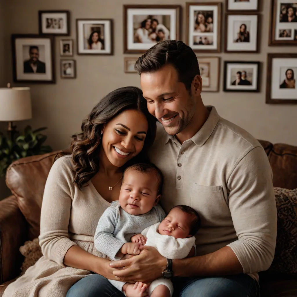 a man and woman holding a baby in their arms while sitting on a couch in front of a wall with pictures, mitchell mohrhauser, private press, a photocopy, Drew Tucker