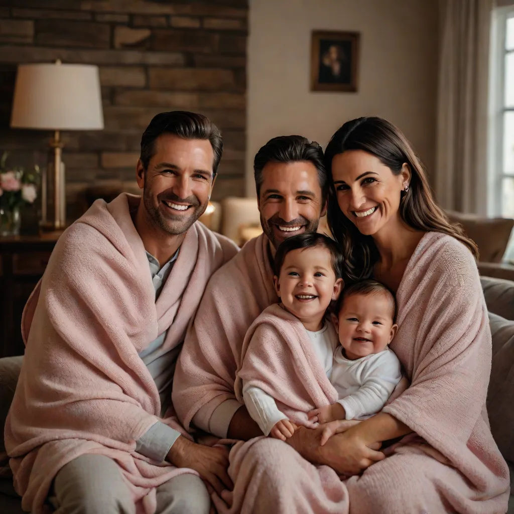 a man and woman with a baby wrapped in a blanket on a couch with a baby in a blanket, promotional image, incoherents, a stock photo, Christian Hilfgott Brand