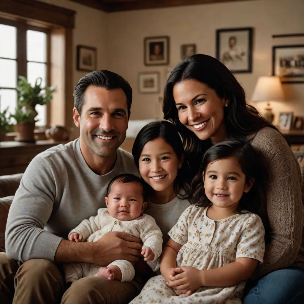 a family of three sitting on a couch together smiling at the camera with a baby in the middle of the picture, promotional image, incoherents, a storybook illustration, Chris Spollen