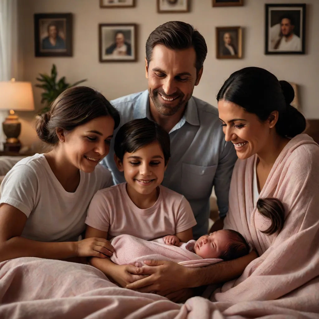 a family of three smiling and holding a baby in a bed with a pink blanket on it and a man in a blue shirt, promotional image, incoherents, a stock photo, Arthur Sarkissian