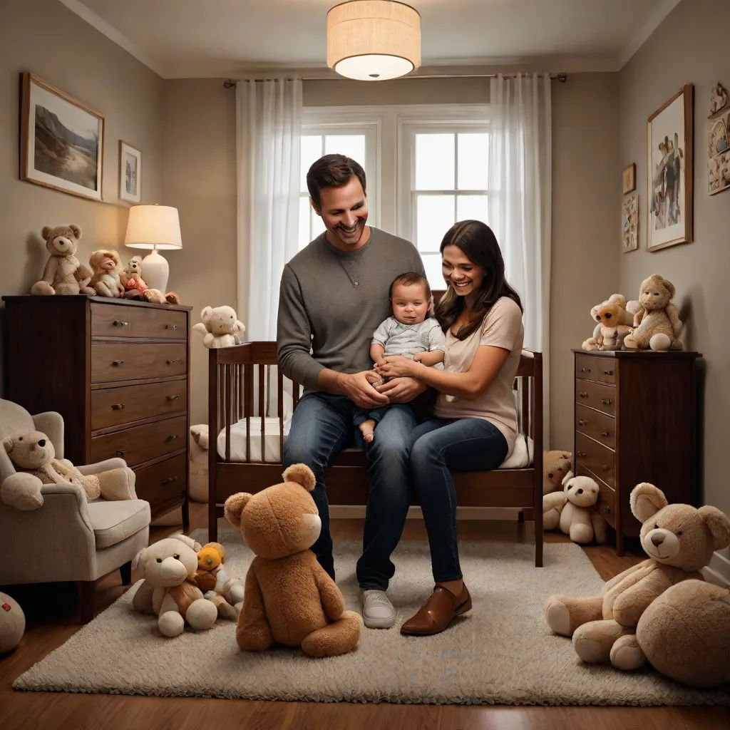 a man and woman holding a baby in a room with teddy bears on the floor and a baby in a chair, rembrandt lighting, photorealism, a storybook illustration, Eric Dinyer