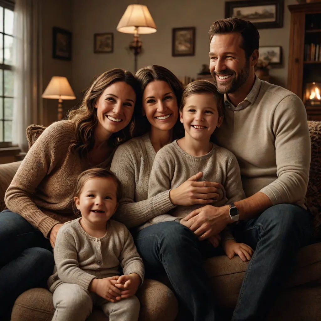 a family sitting on a couch in a living room together smiling at the camera with a baby in the foreground, promotional image, antipodeans, a storybook illustration, Chris Spollen