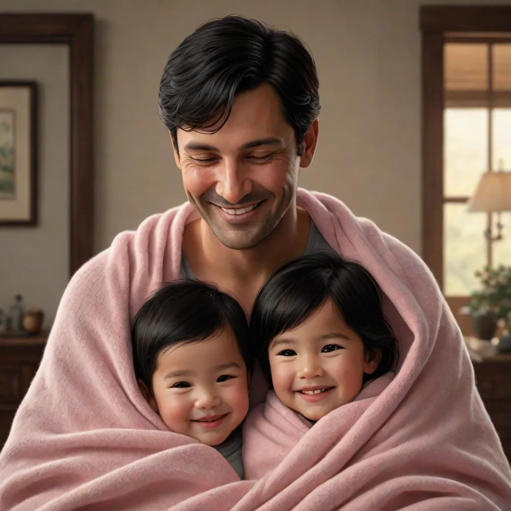 a man wrapped in a blanket with two children wrapped around him and smiling at the camera with a woman holding a child, highly detailed digital painting, photorealism, a photorealistic painting, Brothers Hildebrandt