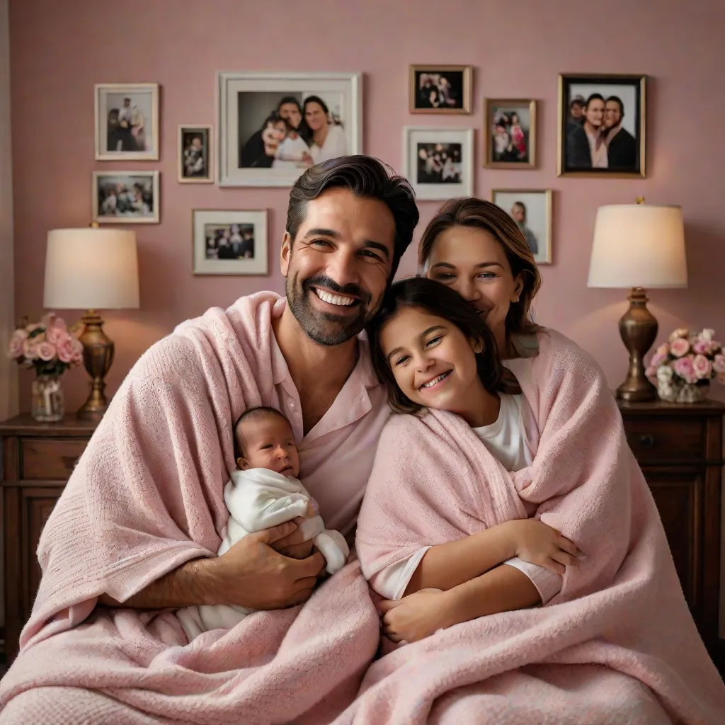 a man and woman wrapped in pink blankets with a baby in a bed with pictures on the wall behind them, promotional image, hyperrealism, a stock photo, Diego Gisbert Llorens