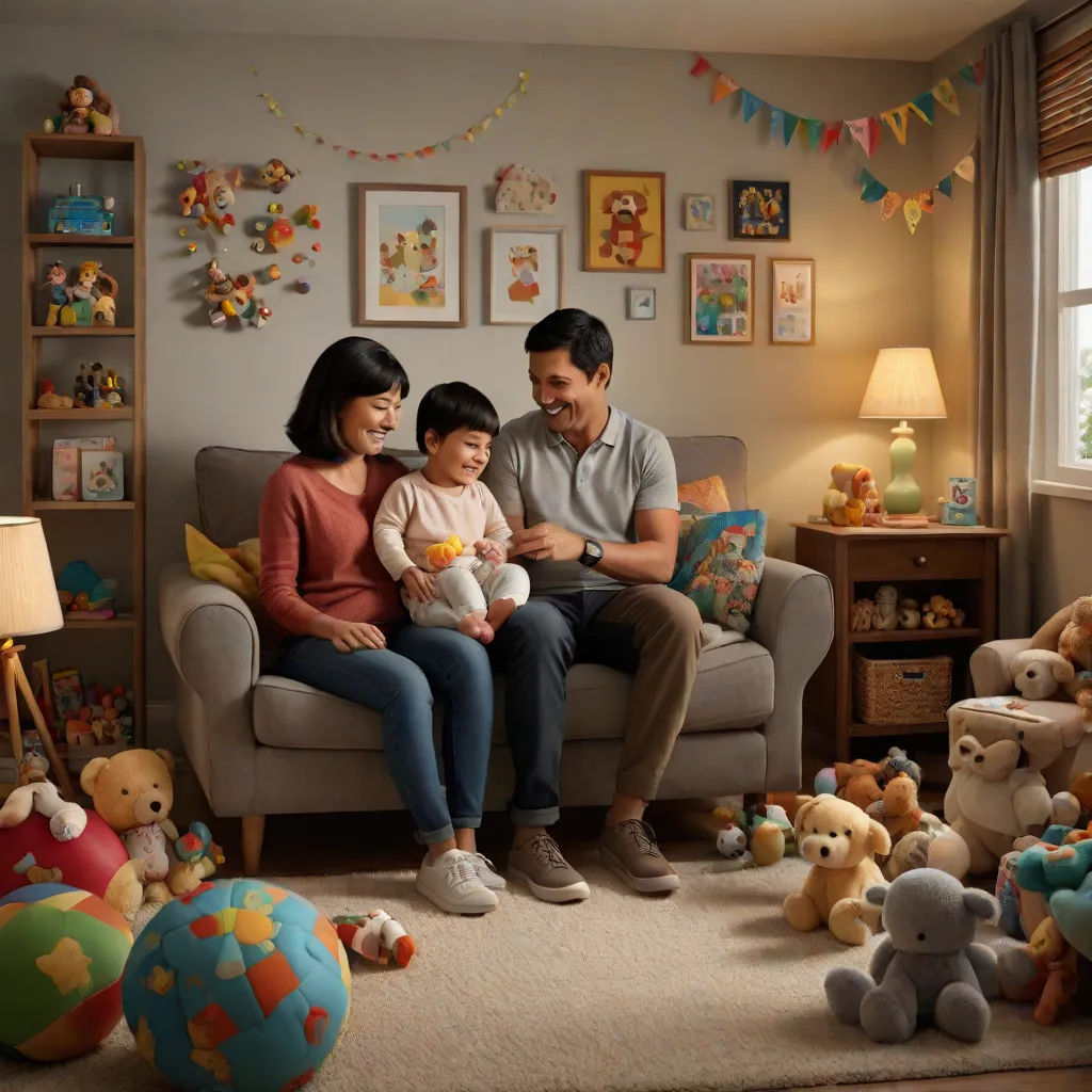 a man and woman sitting on a couch with a child in their lap and stuffed animals around them in a room with a window, promotional image, lyco art, a storybook illustration, Chris LaBrooy