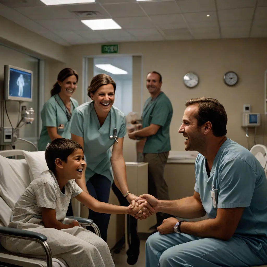 a group of doctors and a boy in a hospital room shaking hands with a nurse in a wheelchair and a nurse in the background, promotional image, neoplasticism, a stock photo, david rubín