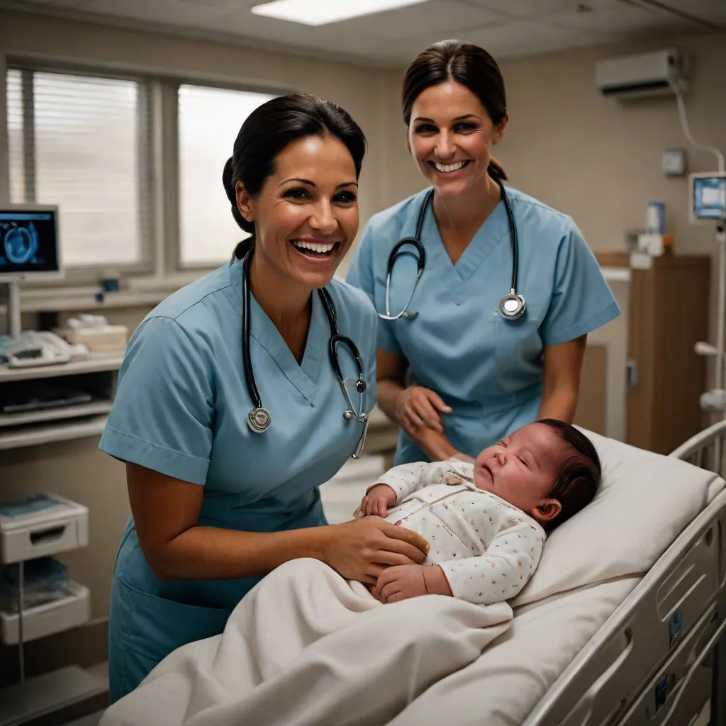 a couple of nurses standing next to a baby in a hospital bed with a monitor on the wall behind them, promotional image, neoplasticism, a stock photo, Caroline Lucy Scott