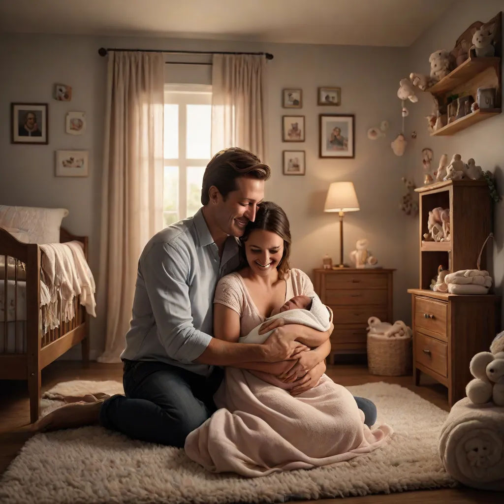 a man and woman are sitting on a rug in a bedroom with a baby in their arms and a baby in their arms, hyper real, photorealism, a storybook illustration, Anne Geddes
