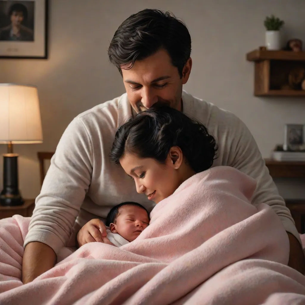 a man and woman holding a baby wrapped in a blanket in bed with a baby in the middle of the bed, promotional image, dada, a photocopy, Anthony Devas