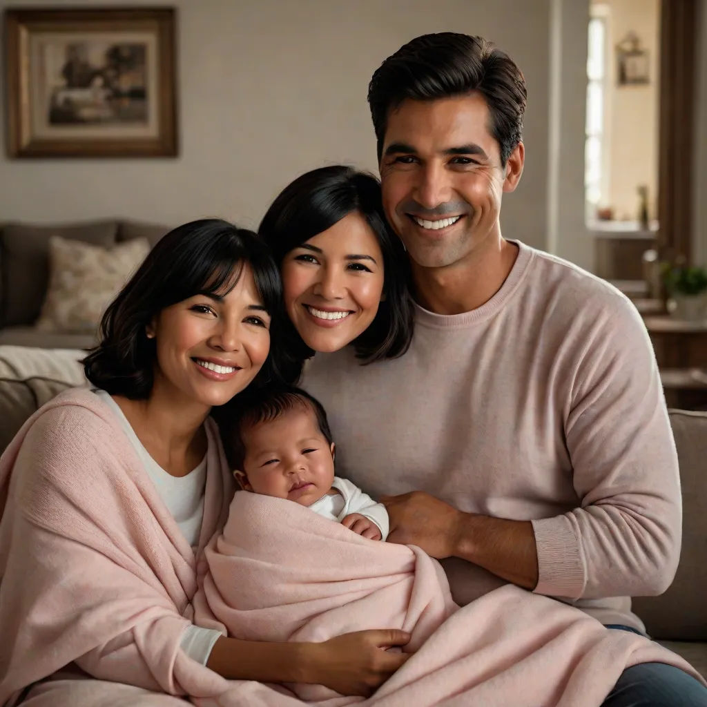 a man and woman holding a baby wrapped in a blanket on a couch in a living room with a couch and a coffee table, promotional image, private press, a stock photo, Dan Scott