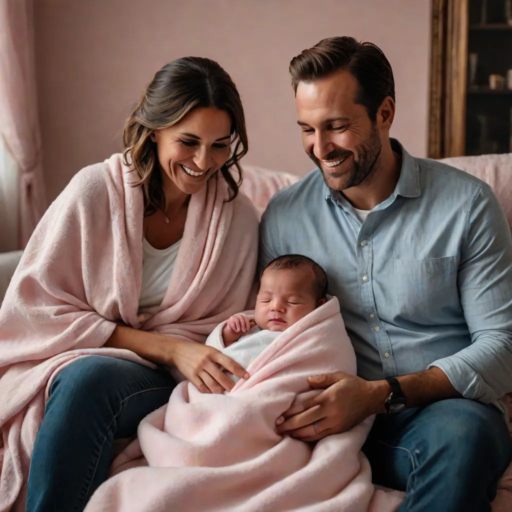 a man and woman holding a baby wrapped in a blanket on a couch with a pink blanket on top of them, portrait photography, private press, a stock photo, Caroline Lucy Scott