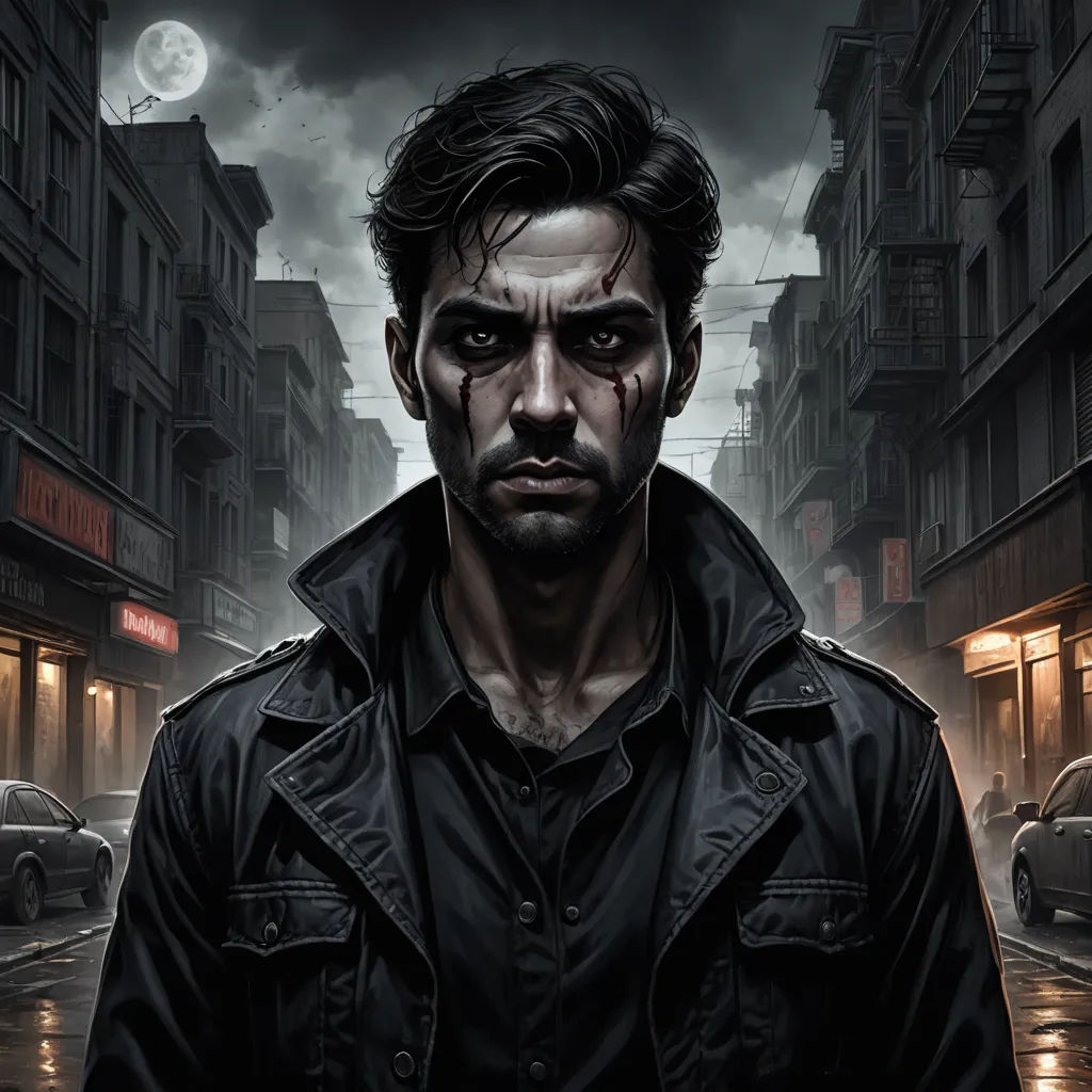 a man in a black jacket standing in a street with a full moon in the background and a dark city, serial art, a character portrait, Bastien L. Deharme, key art