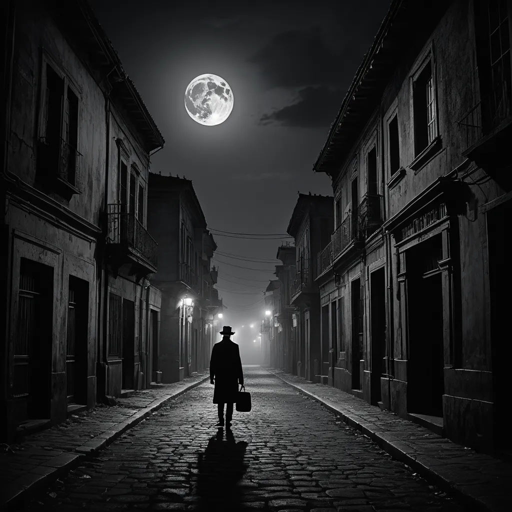 a man walking down a street at night under a full moon with a bag of luggage in his hand, massurrealism, a matte painting, Diego Gisbert Llorens, noir