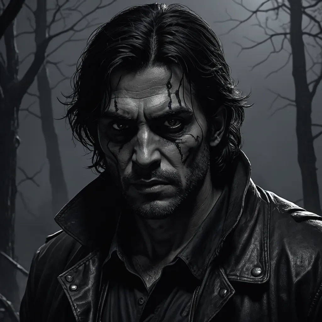 a man with a creepy face and a black jacket in a dark forest with trees and branches, with a creepy look on his face, gothic art, a character portrait, Eddie Mendoza, key art