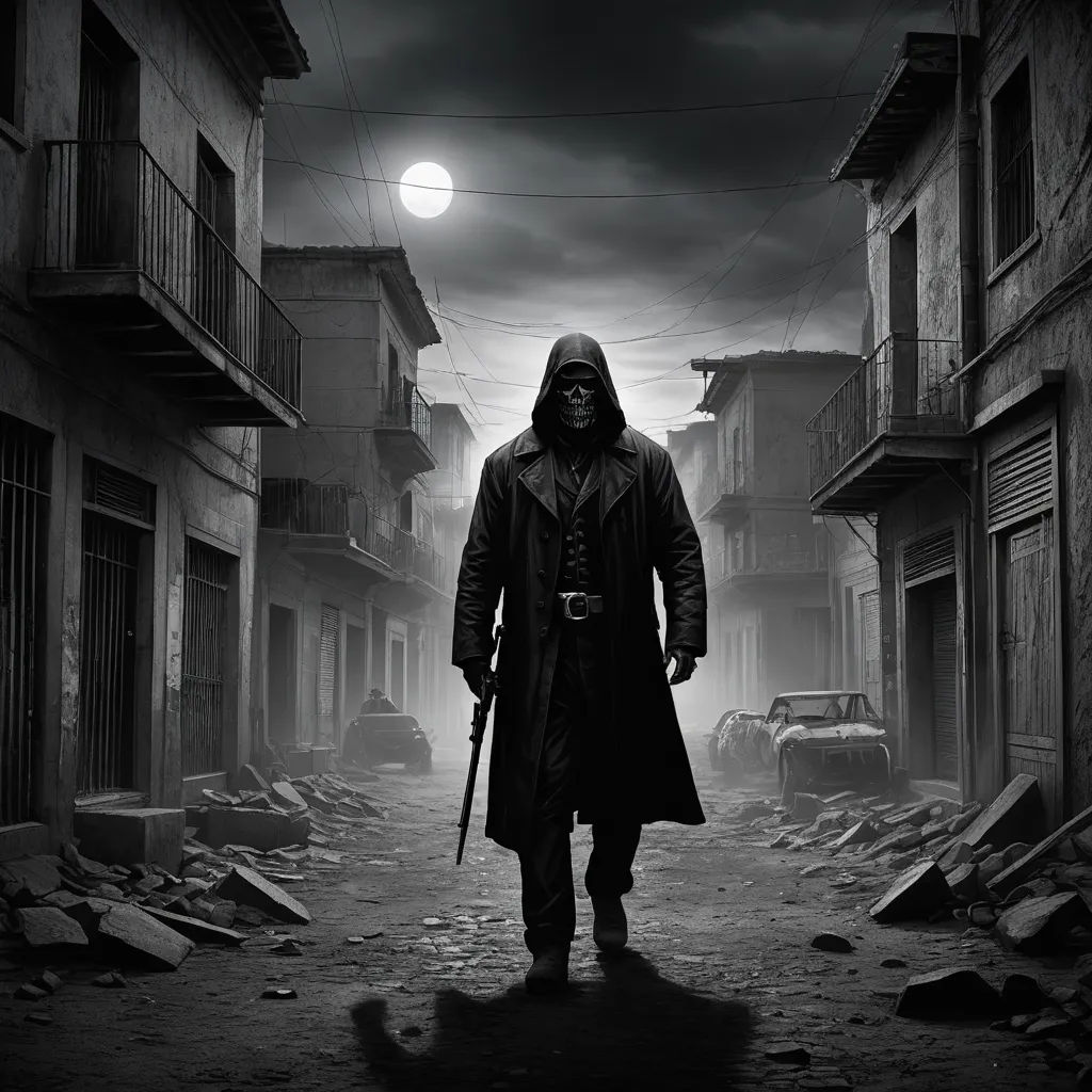 a man in a trench coat and hat walking down a street in a dark alleyway with a full moon in the background, gothic art, a matte painting, Eddie Mendoza, noir