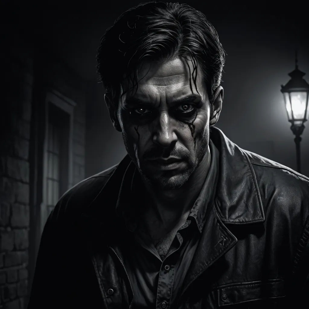 a man with a bloody face and a black jacket on in a dark alley with a street light in the background, modern european ink painting, a character portrait, Cedric Seaut (Keos Masons), noir