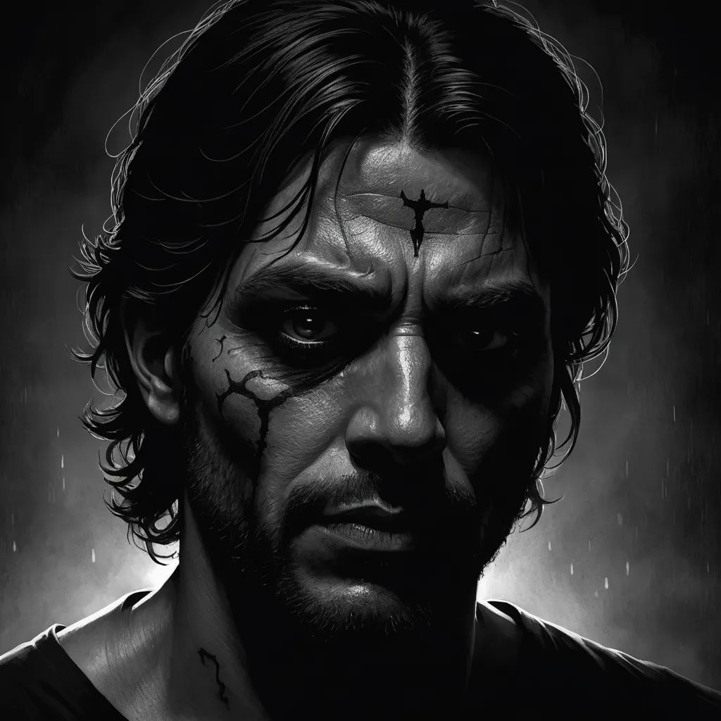 a man with a cross painted on his face and a cross on his forehead, in the rain, with a black background, modern european ink painting, a character portrait, Eddie Mendoza, highly detailed digital painting