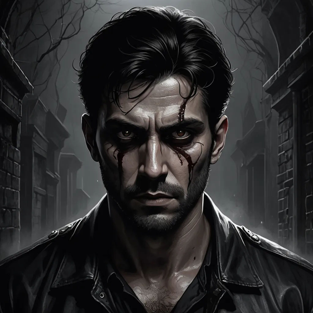 a man with blood on his face and a black shirt on his shirt is standing in front of a dark alley, gothic art, a character portrait, Bastien L. Deharme, character portrait