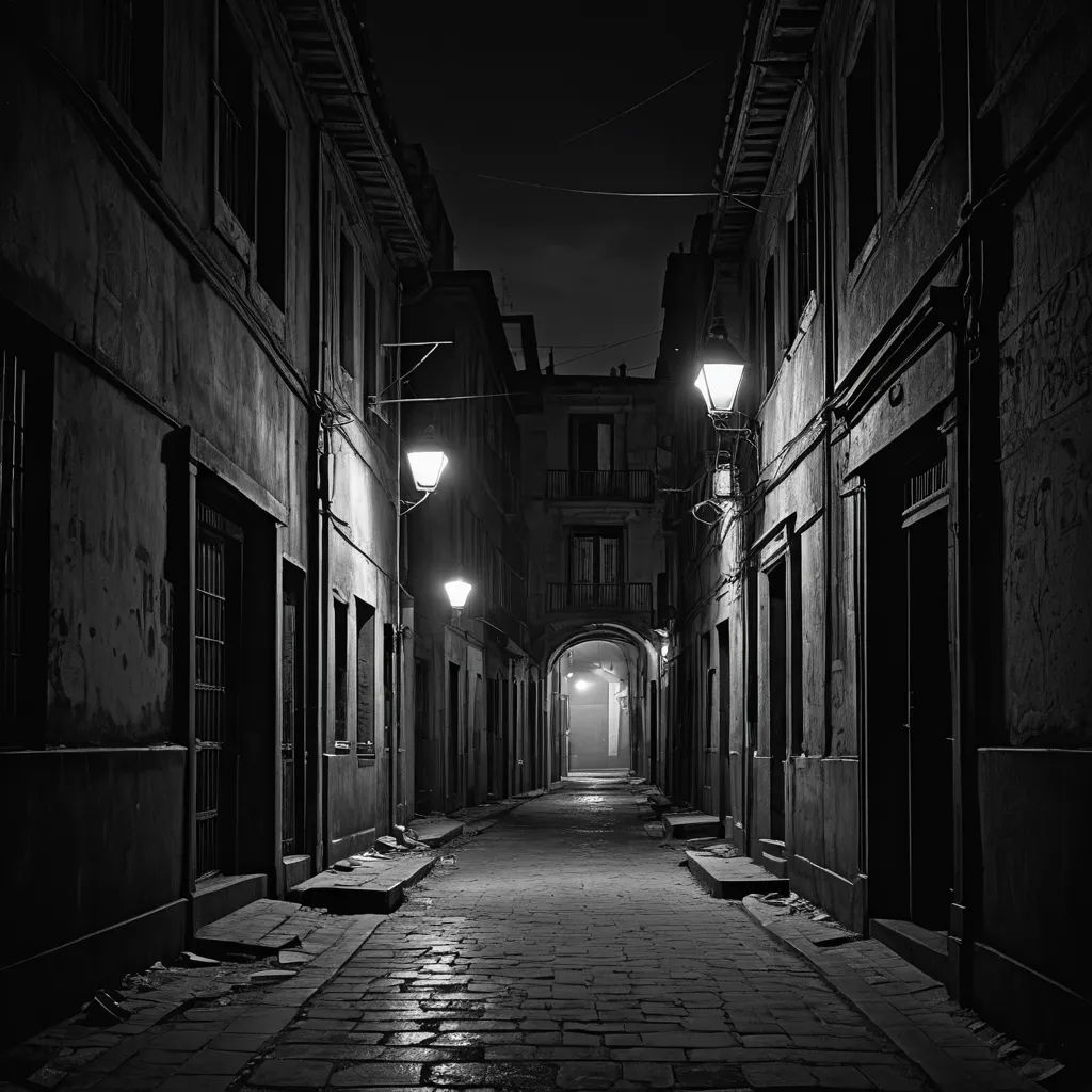 a dark alley way with a light on at night time, with no people on it, and no one on the sidewalk, photorealism, a matte painting, Brassaï, unreal engine render