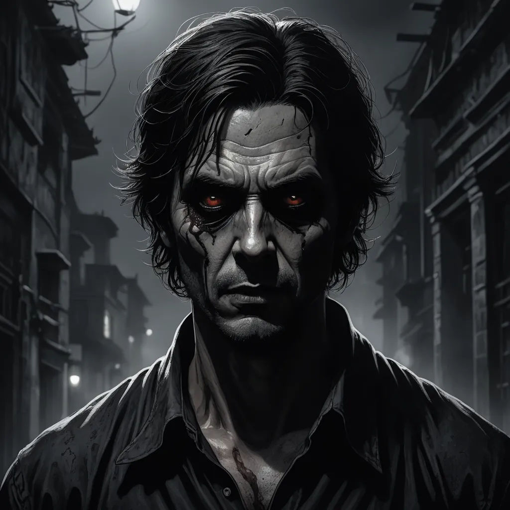 a man with red eyes standing in a dark alleyway with a street light in the background and a creepy looking face, gothic art, a character portrait, Ben Templesmith, dark night