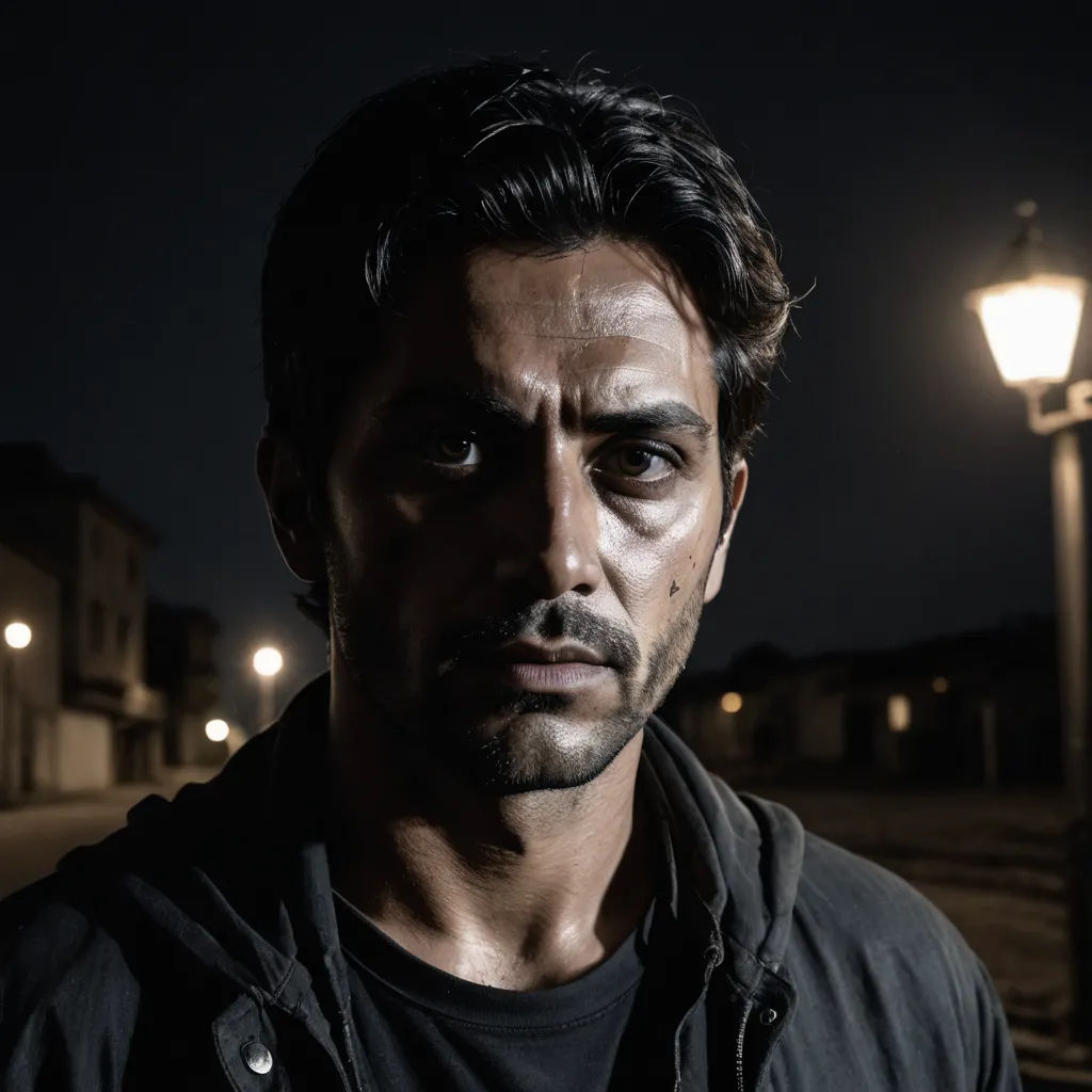 a man standing in front of a street light at night with a dark background and a street light in the background, dau-al-set, a character portrait, Andrea Orcagna, promotional image