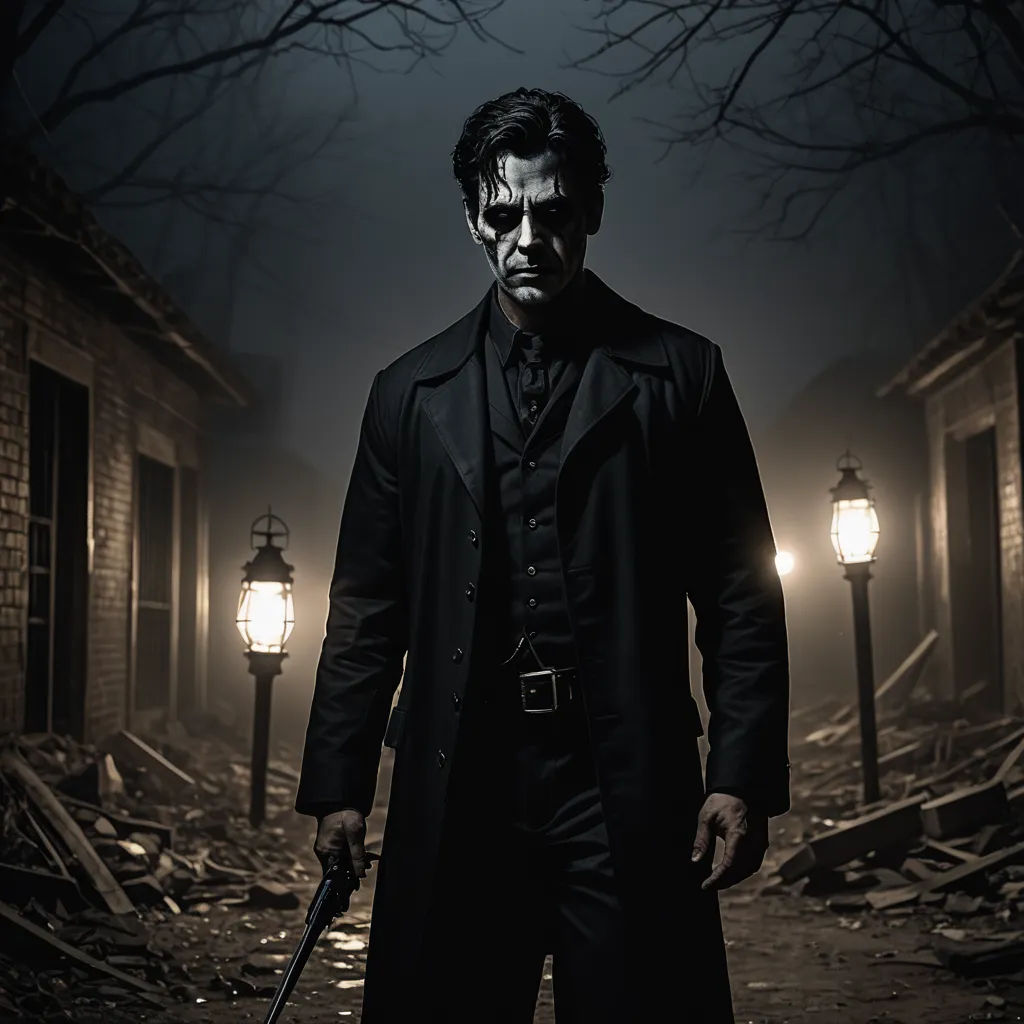 a man in a trench coat holding a knife in a dark alley with a lantern on the ground and a tree in the background, gothic art, a character portrait, Dirk Crabeth, promotional image