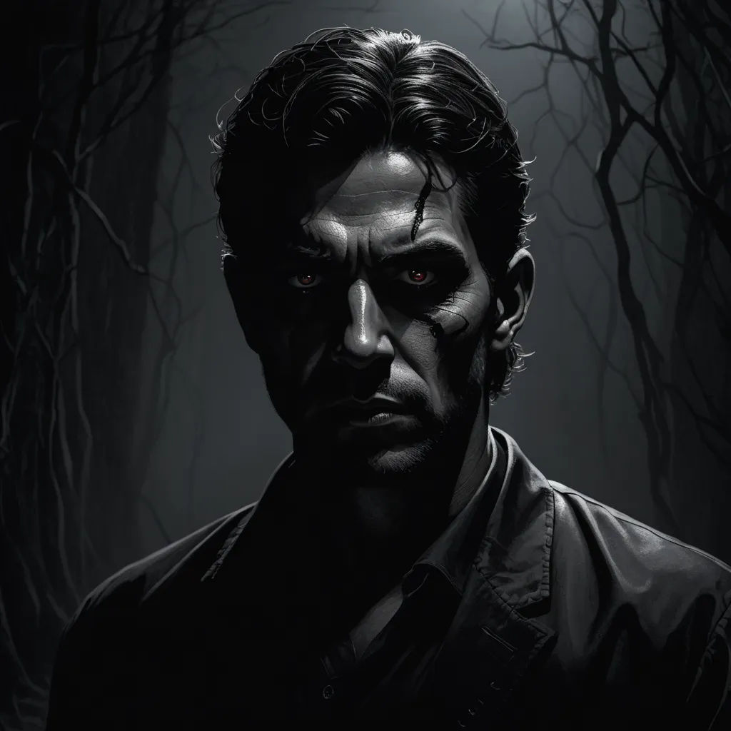 a man with red eyes standing in a dark forest with trees in the background and a full moon in the sky, gothic art, a character portrait, Eddie Mendoza, dark shadows