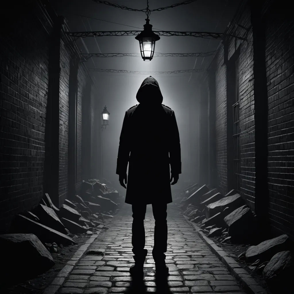 a man in a hooded jacket is walking down a dark alley way with a lantern on the ceiling and a brick wall, serial art, an ambient occlusion render, Dirk Crabeth, noir